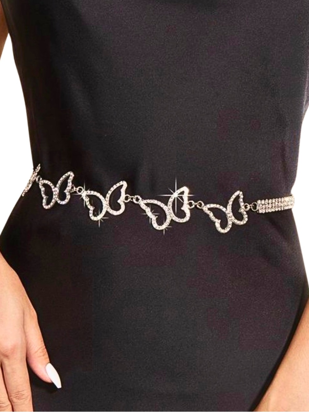 RHINESTONE OPENWORK BUTTERFLY CHAIN BELT Cottagecore Fairy Glam Silver Crystal